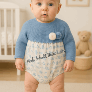 Pelele pompón azul y blanco lana y tela desde 1 mes hasta 18 meses