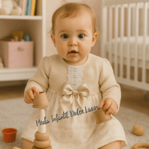 Vestido lana y tela estampada dibujos blanco y arena desde 1 mes hasta 18 meses