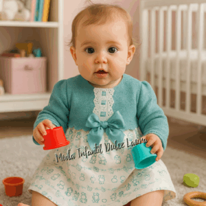 Vestido lana y tela estampada dibujos blanco y verde desde 1 mes hasta 18 meses