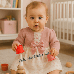 Vestido lana y tela estampada dibujos blanco y rosa desde 1 mes hasta 18 meses