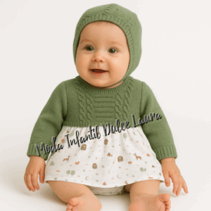 Vestido tela y lana verde hoja dibujos con capota desde 0 meses hasta 12 meses
