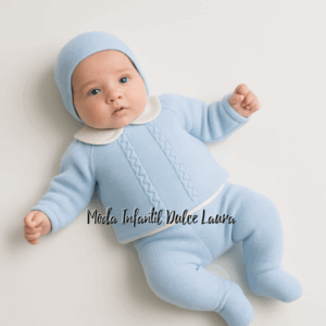 Conjunto lana 3 piezas celeste cuello bebé desde 00 hasta 12 meses C9005