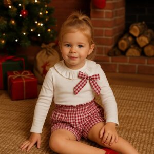 Conjunto camiseta larga y pantalón corto vichy rojo desde 4 hasta 12 años