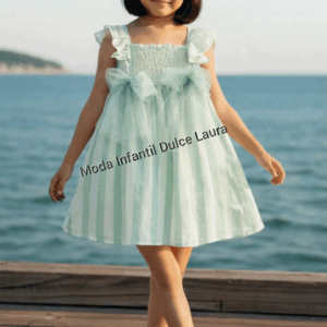 Vestido rayas verde empolvado y beige desde 3 años hasta 12 años familia Trieste