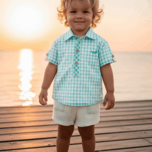 Conjunto camisa corta cuadros turquesa y pantalón corto beig familia Módena ver0276 desde 12 m hasta 48 meses