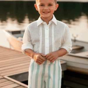 Conjunto camisa corta y pantalón corto rayas verdes familia Trieste ver1245 desde 4 años hasta 10 años