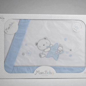 Sabana algodón cuna blanca y azul osito