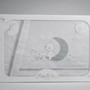 Sabana algodon cuna gris y blanca oso luna