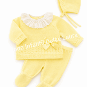 Conjunto hilo tres piezas cuello volante y lazo amarillo desde 00 hasta 6 meses c1004
