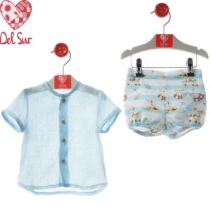 Conjunto camisa turquesa pantalón corto familia Catania desde12 m hasta 36 meses ver0037