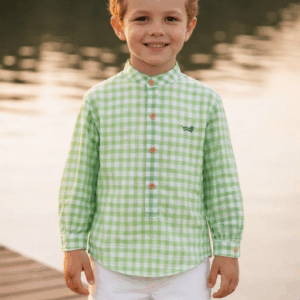 Conjunto camisa vichy lima y pantalón corto blanco familia Catanzaro desde 2 años hasta 10 años ver1240