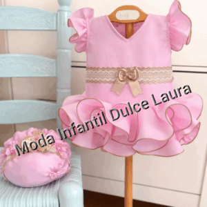 Vestido flamenca liso rosa con braguita lazo camel desde 3 meses hasta 24 meses