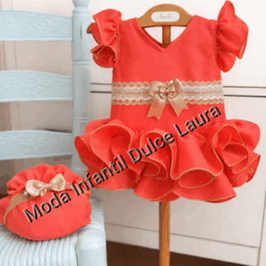 Vestido flamenca liso coral con braguita lazo camel desde 3 meses hasta 24 meses