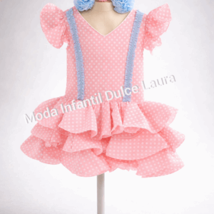 Vestido de flamenca rosa lunares blancos y tira borda celeste desde 2 hasta 6 años