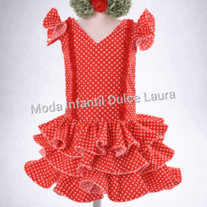 Vestido de flamenca rojo lunares blancos y tira borda roja desde 2 hasta 6 años