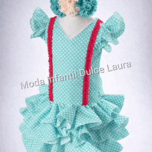 Vestido de flamenca verde lunares blancos y tira borda fucsia desde 2 hasta 6 años