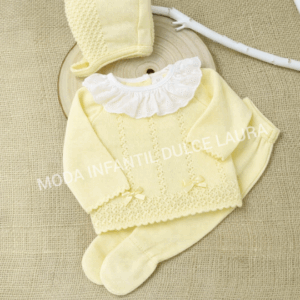 Conjunto hilo 3 piezas jersey, polaina y capota amarillo desde 00 hasta 6 meses C1015