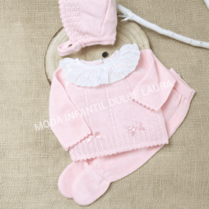 Conjunto hilo 3 piezas jersey, polaina y capota rosa desde 00 hasta 6 meses C1015