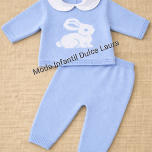 Conjunto hilo polaina y jersey cuello conejito celeste desde 00 hasta 6 meses C1002