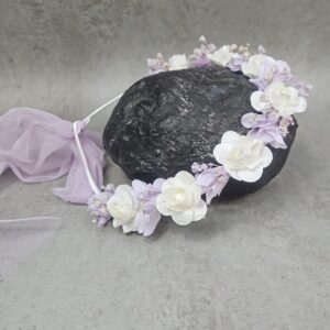 Corona ceremonia flores beige y morada 001