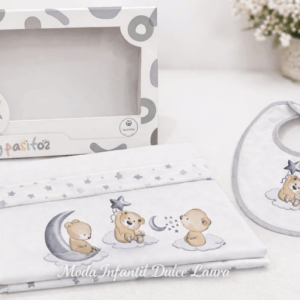 Sabana algodón cuna ositos blanca y gris con babero a juego