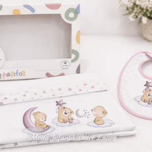 Sabana algodón cuna ositos blanca y rosa con babero a juego