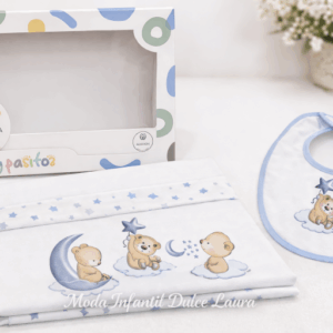 Sabana algodón cuna ositos blanca y azul con babero a juego