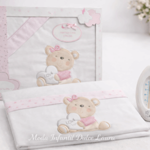 Sabana algodón cuna osito rosa con termómetro bañera