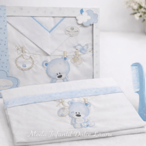 Sabana algodón cuna osito azul con peine a juego
