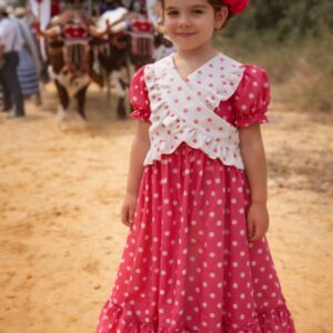 Bata flamenca con mantón color rosa lunares blancos desde hasta 8 años