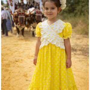 Bata flamenca con mantón color amarillo lunares blancos desde hasta 8 años
