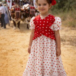 Bata flamenca con mantón color blanco lunares rojos desde hasta 8 años