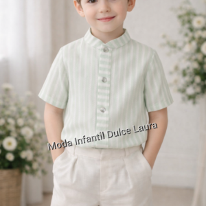 Conjunto camisa corta rayas verdes y pantalón corto blanco desde 12 m hasta 48 meses 6128