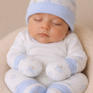 Pack gorro manoplas patucos azul y blanco dibujitos