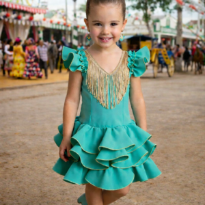 Vestido flamenca liso verde flecos camel desde 1 año hasta 6 años