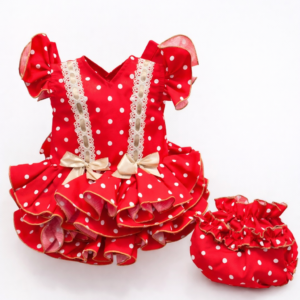 Vestido de flamenca con braguita rojo y lunares blancos detalles en camel con braguita a juego desde 3 meses hasta 18 meses