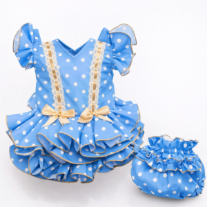 Vestido de flamenca con braguita azul y lunares blancos detalles en camel con braguita a juego desde 3 meses hasta 18 meses