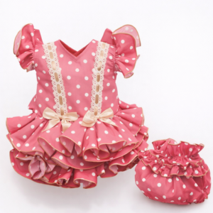 Vestido de flamenca con braguita rosa y lunares blancos detalles en camel con braguita a juego desde 3 meses hasta 18 meses