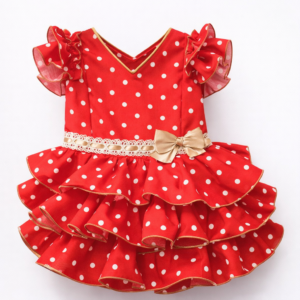 Vestido fe flamenca rojo lunares blancos detalles en camel desde 2 años hasta 8 años