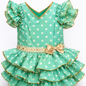 Vestido de flamenca verde lunares blancos detalles en camel desde 2 años hasta 8 años
