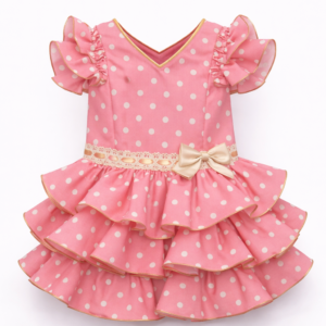 Vestido de flamenca rosa lunares blancos detalles en camel desde 2 años hasta 8 años