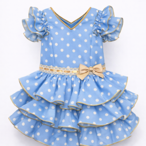 Vestido de flamenca azul lunares blancos detalles en camel desde 2 años hasta 8 años