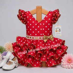 Vestido de flamenca rojo lunares blancos detalles en camel desde 2 años hasta 8 años