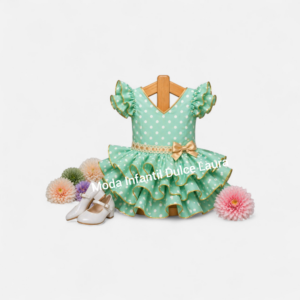 Vestido de flamenca verde lunares blancos detalles en camel desde 2 años hasta 8 años