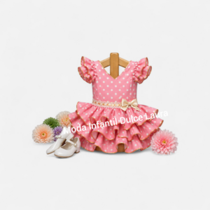 Vestido de flamenca rosa lunares blancos detalles en camel desde 2 años hasta 8 años