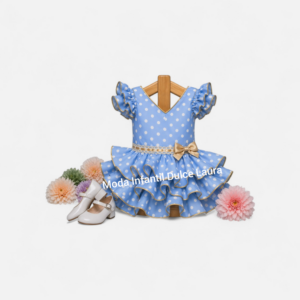 Vestido de flamenca azul lunares blancos detalles en camel desde 2 años hasta 8 años