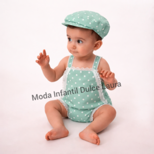 Pelele flamenco con gorra verde y lunares blancos desde 3 m hasta 36 meses