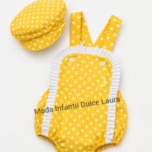 Pelele flamenco con gorra amarillo y lunares blancos desde 3 m hasta 18 meses