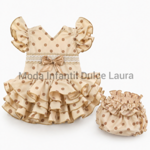 Vestido de flamenca beig lunar y detalles camel con braguita a juego desde 3 meses hasta 18 meses
