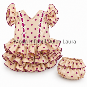 Vestido de flamenca beig y lunares buganvilla con braguita a juego desde 3 meses hasta 18 meses
